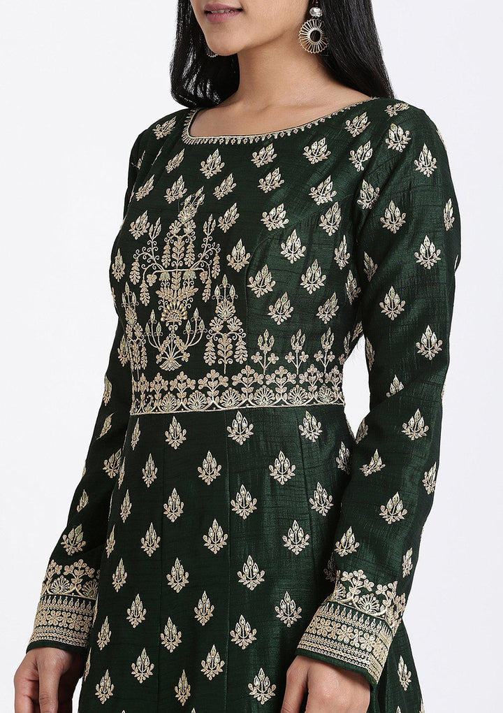 Bottle Green Zariwork Raw Silk Designer Gown-Koskii