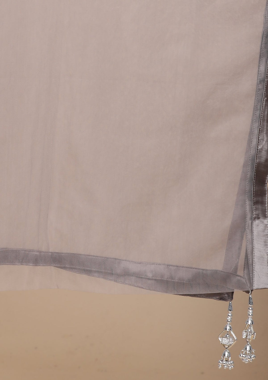 Dark Grey Pearl Embellished Satin Silk Designer Lehenga-Koskii