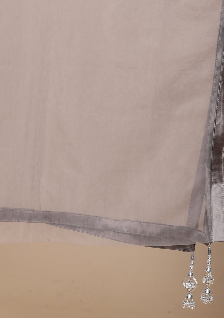 Dark Grey Pearl Embellished Satin Silk Designer Lehenga-Koskii