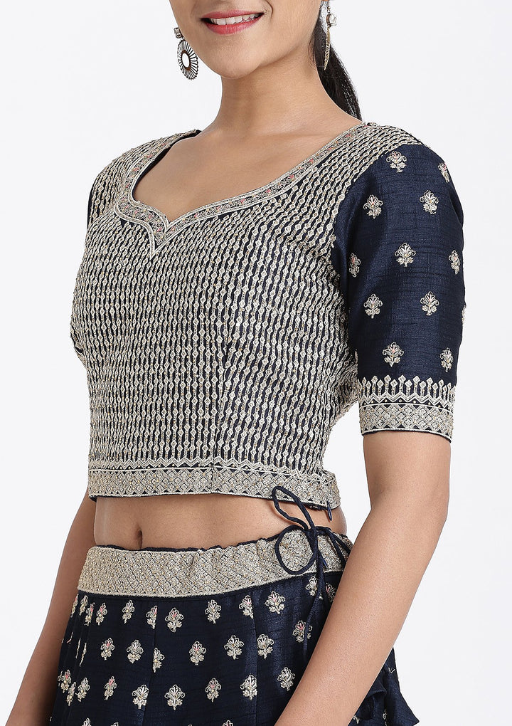 Navy Blue Zariwork Raw Silk Designer Lehenga-Koskii