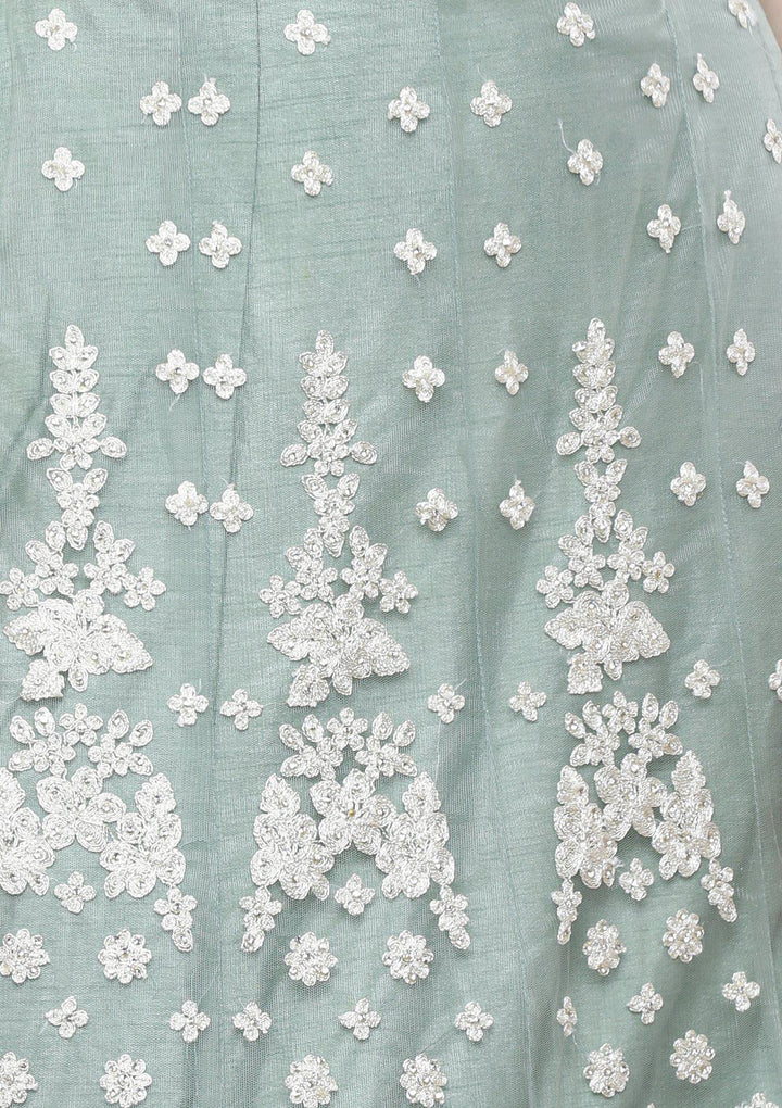 Teal Green Threadwork Net Designer Lehenga-Koskii