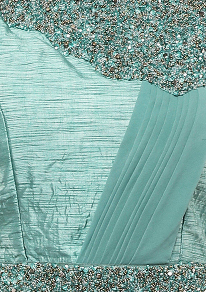 Sea Green Raw Silk Drape Designer Lehenga-Koskii