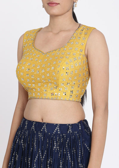 Navy Blue And Yellow Mirrorwork Satin Designer Lehenga - koskii