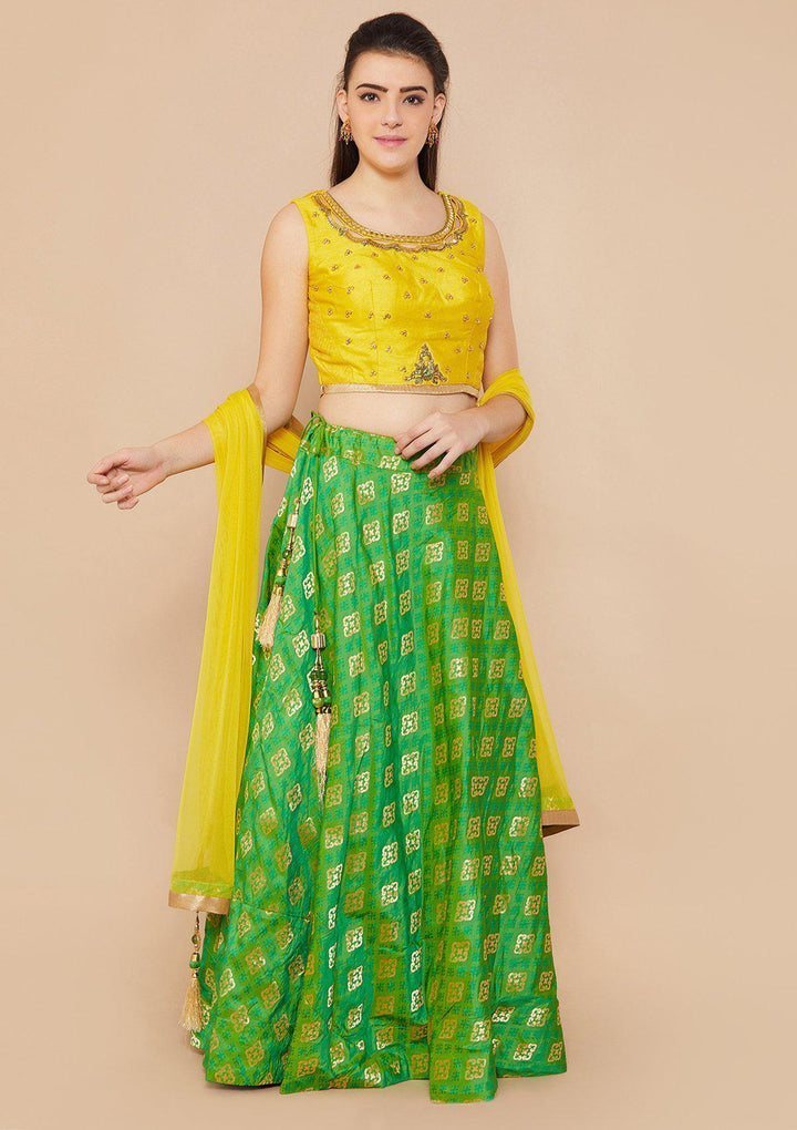 Koskii Stonework Rawsilk GREEN YELLOW Lehenga-Koskii