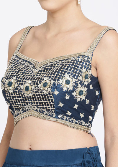 Peacock Blue Zardosi Art Silk Designer Lehenga-Koskii
