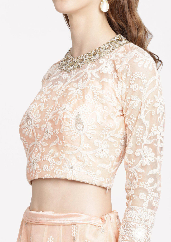 Peach Threadwork Net Designer Lehenga-Koskii