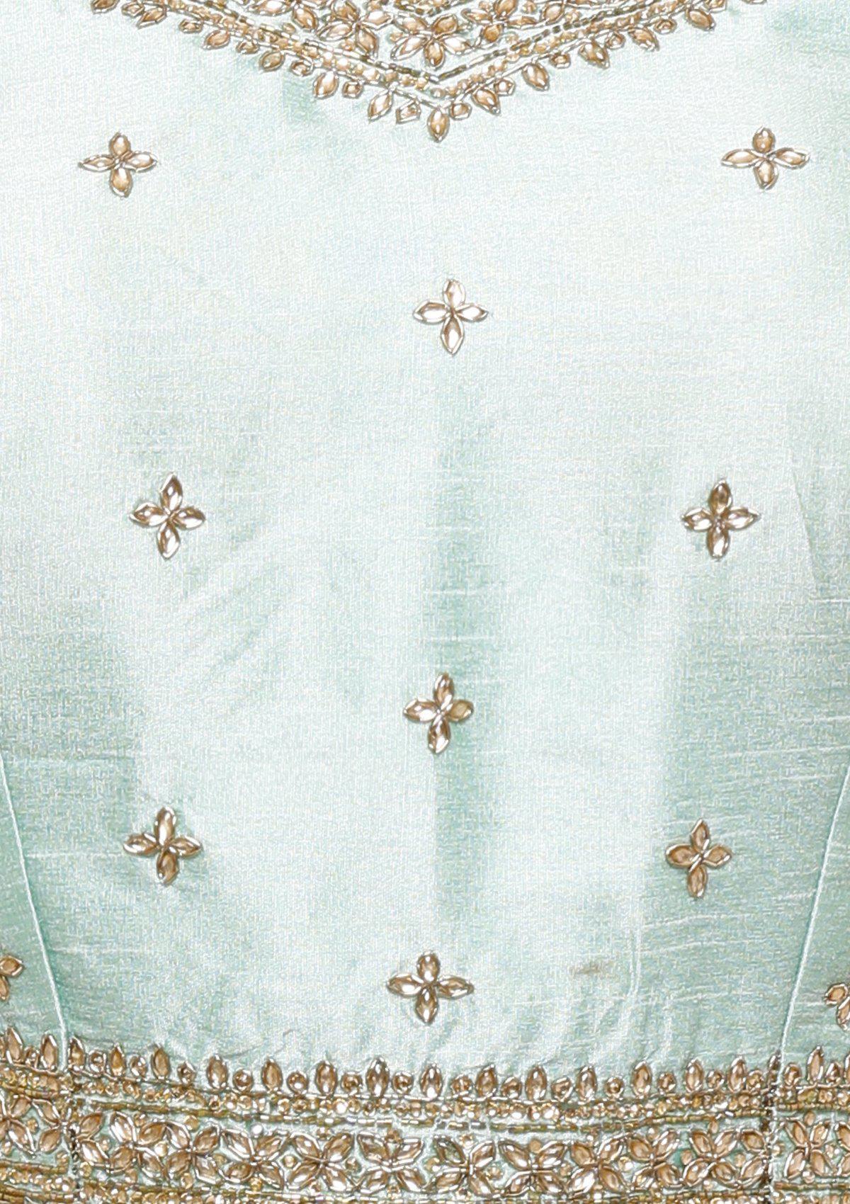 Sea Green Embellished Silk Designer Lehenga-Koskii