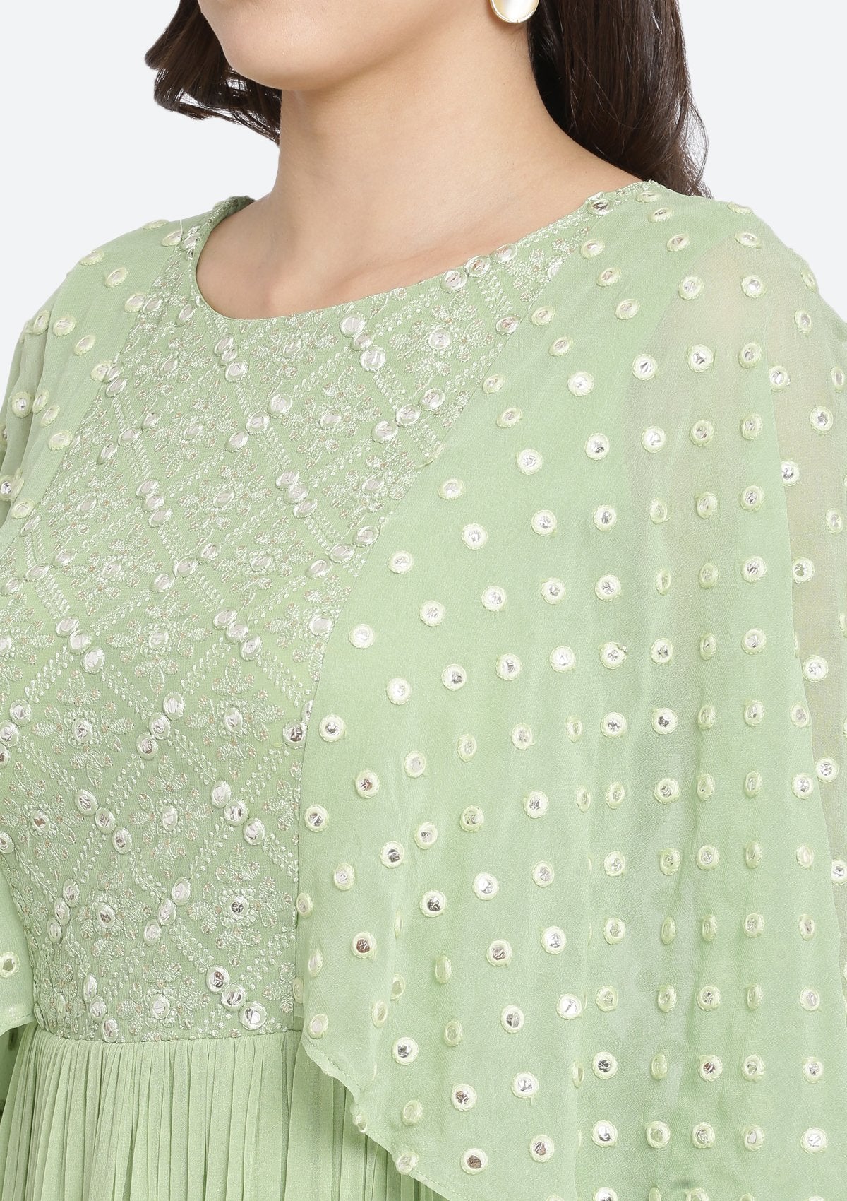 Pista Green Chikankari Georgette Designer Gown-Koskii