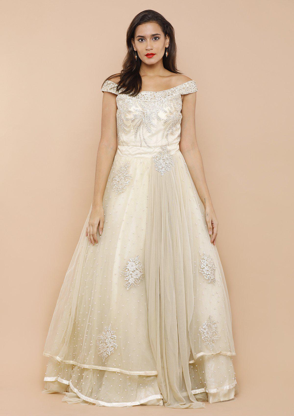 Cream Embellished Net Designer Gown-Koskii