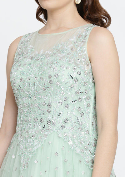 Pista Green Sequins Net Designer Gown-Koskii