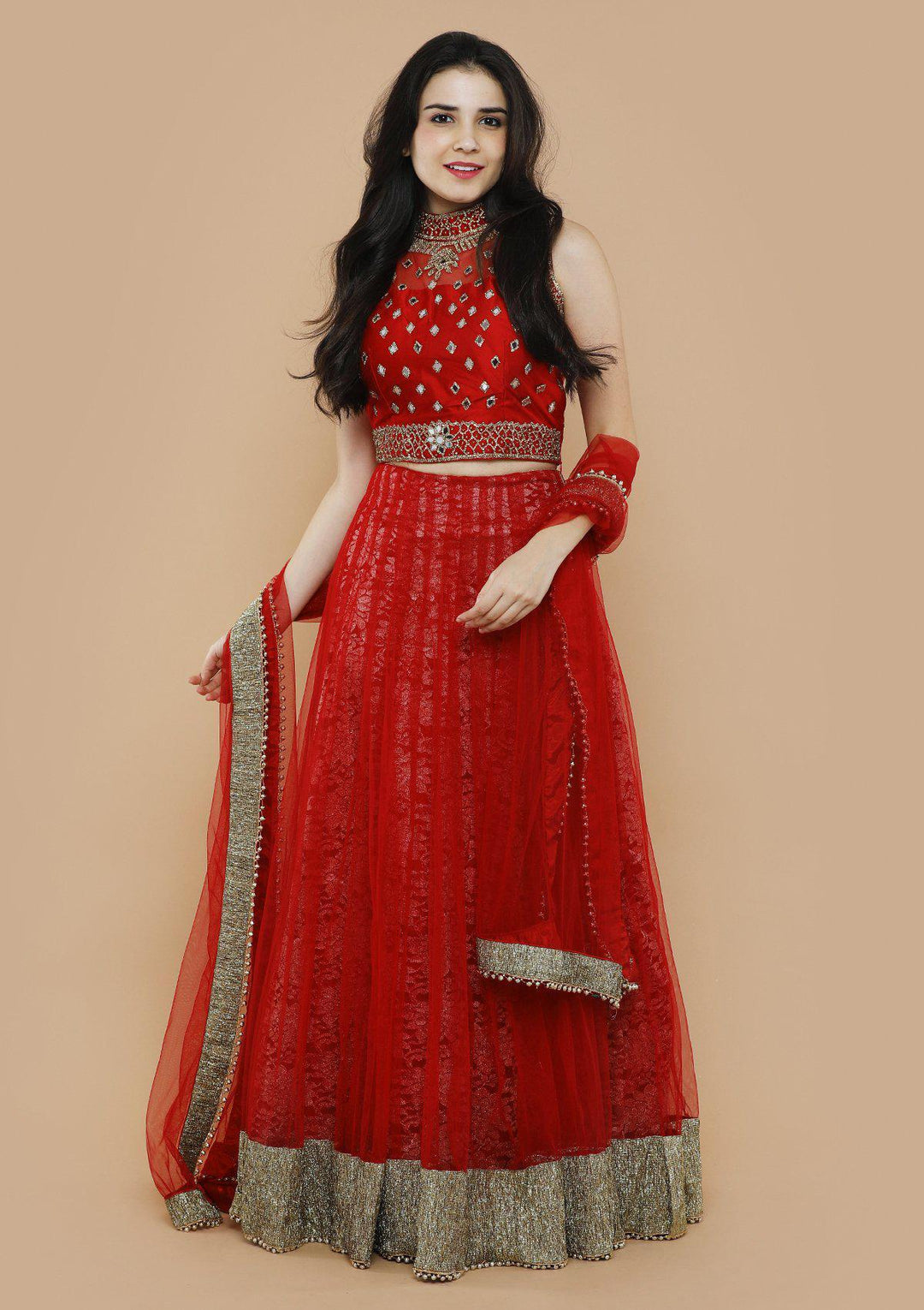 koskii red net and lace lehenga-Koskii