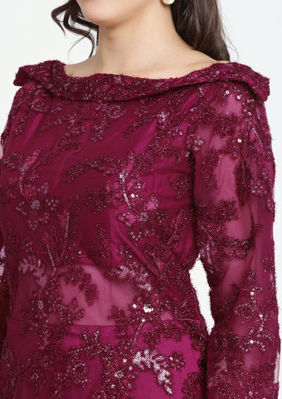 Maroon Sequinned Net Designer Gown-Koskii