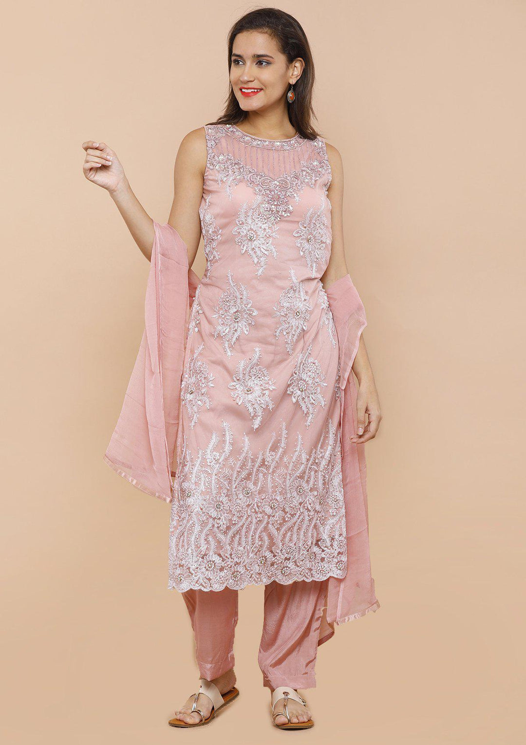 Koskii dusty rose floral salwar suit-Koskii