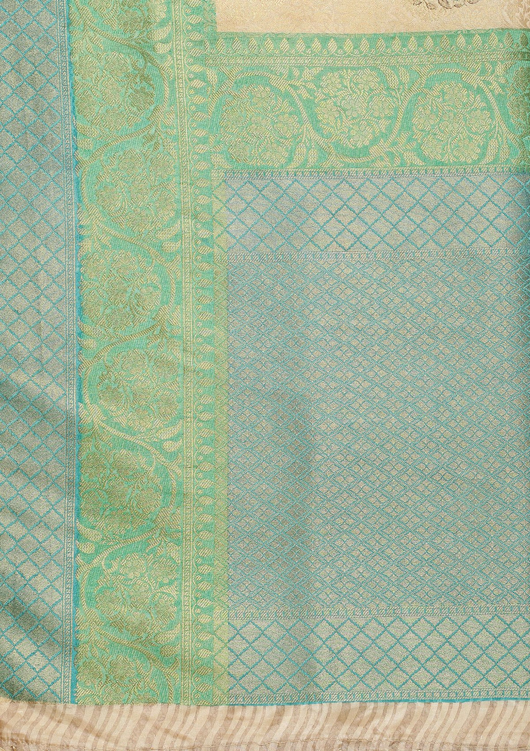 Green and Cream Art Silk Designer Saree-Koskii