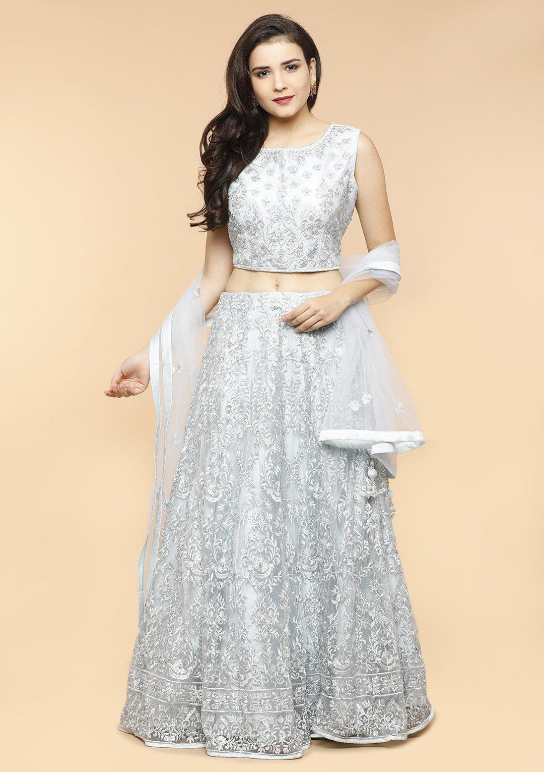 Steel Grey Threadwork Net Designer Lehenga-Koskii