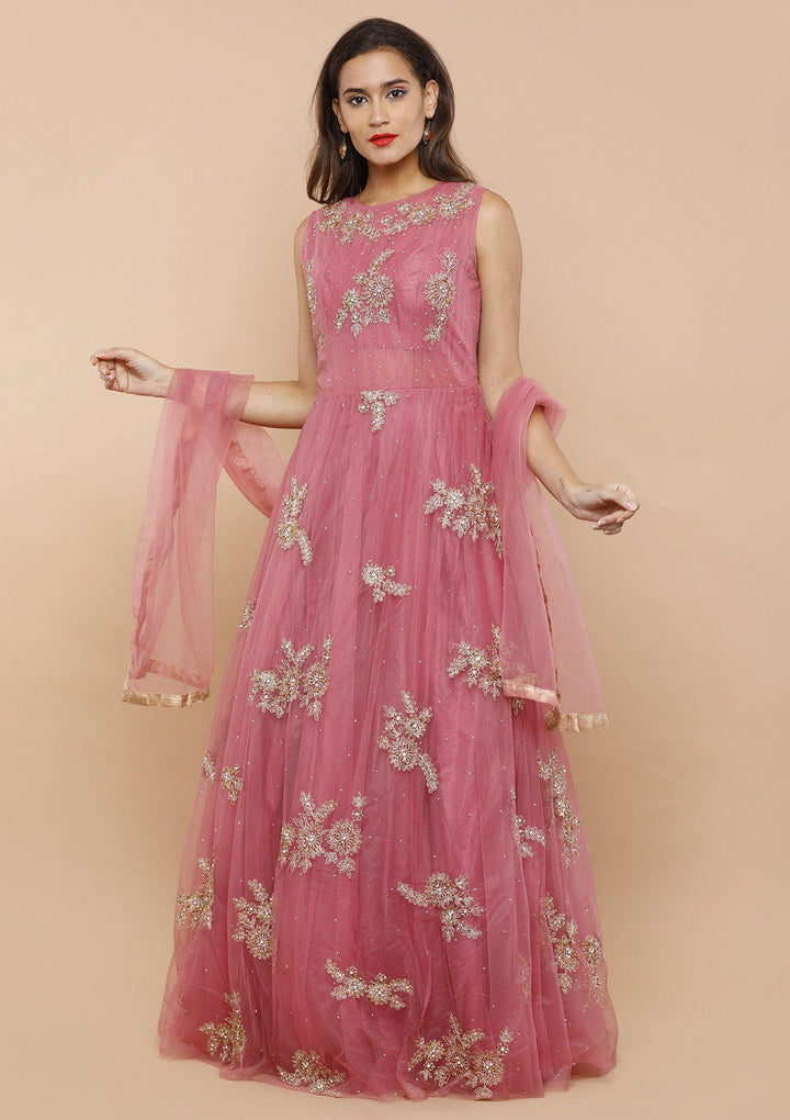 koskii dusty rose floral net gown-Koskii