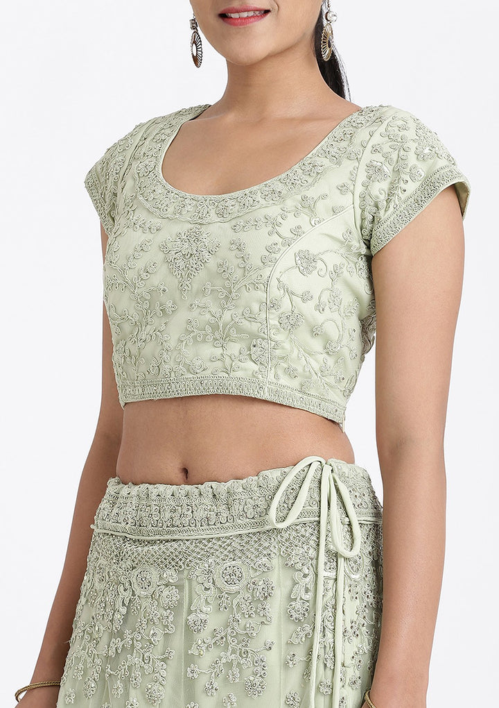Pista Green Threadwork Net Designer Lehenga-Koskii