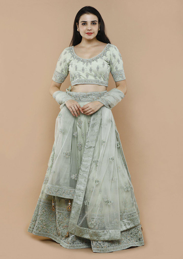Fern Green Threadwork Silk Designer Lehenga-Koskii