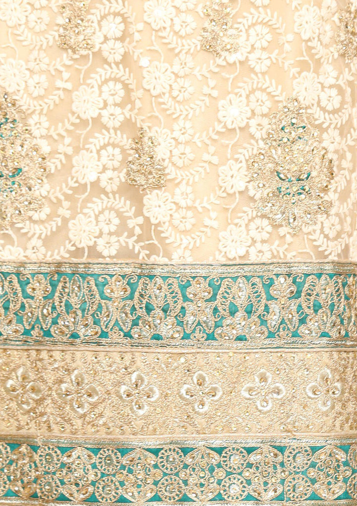 Beige and green designer salwar suit-Koskii