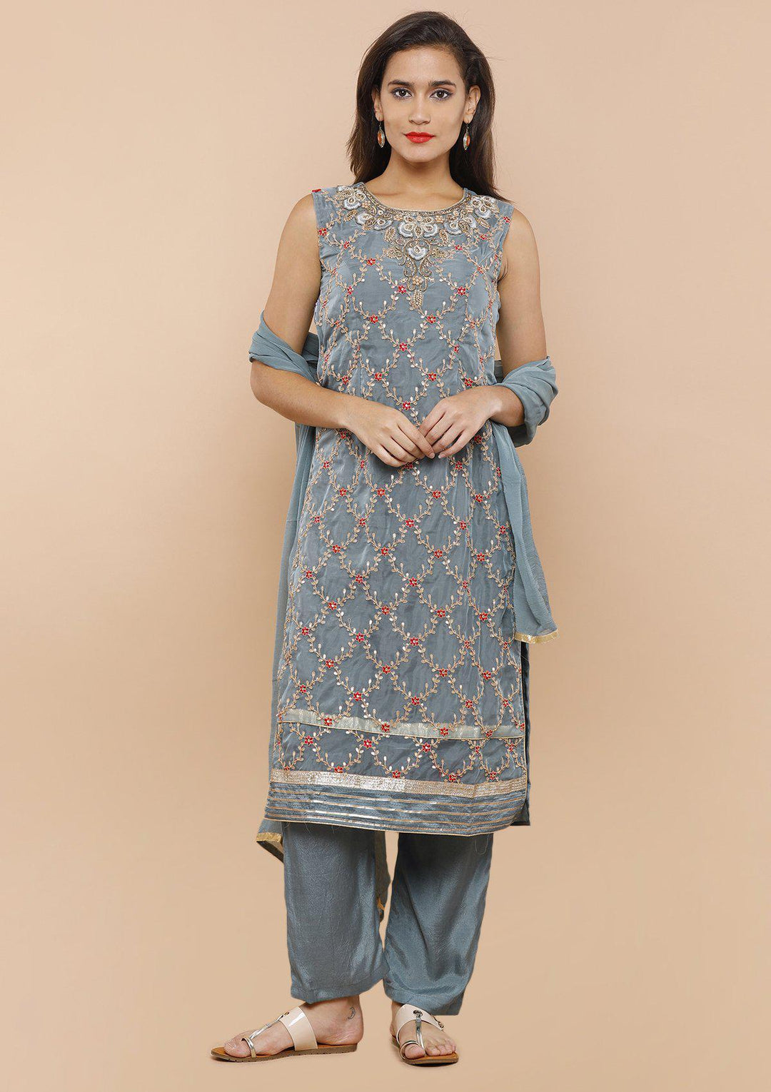 Grey Embellished Tissue Silk Designer Salwar Suit-Koskii