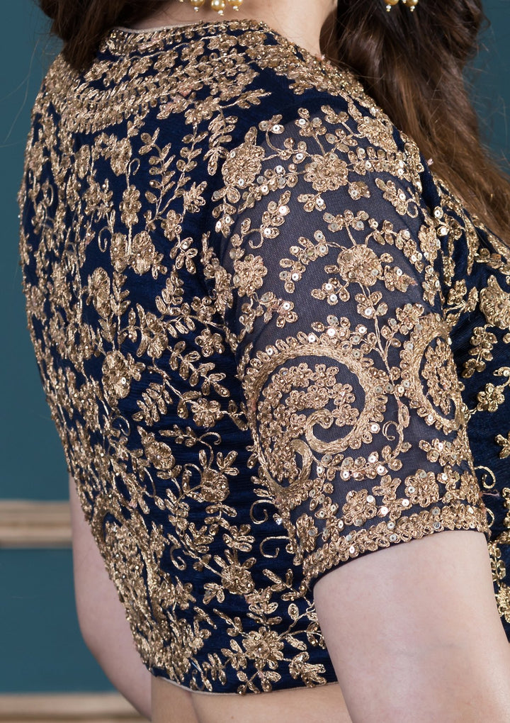 Navy Blue Embellished Net Designer Lehenga-Koskii