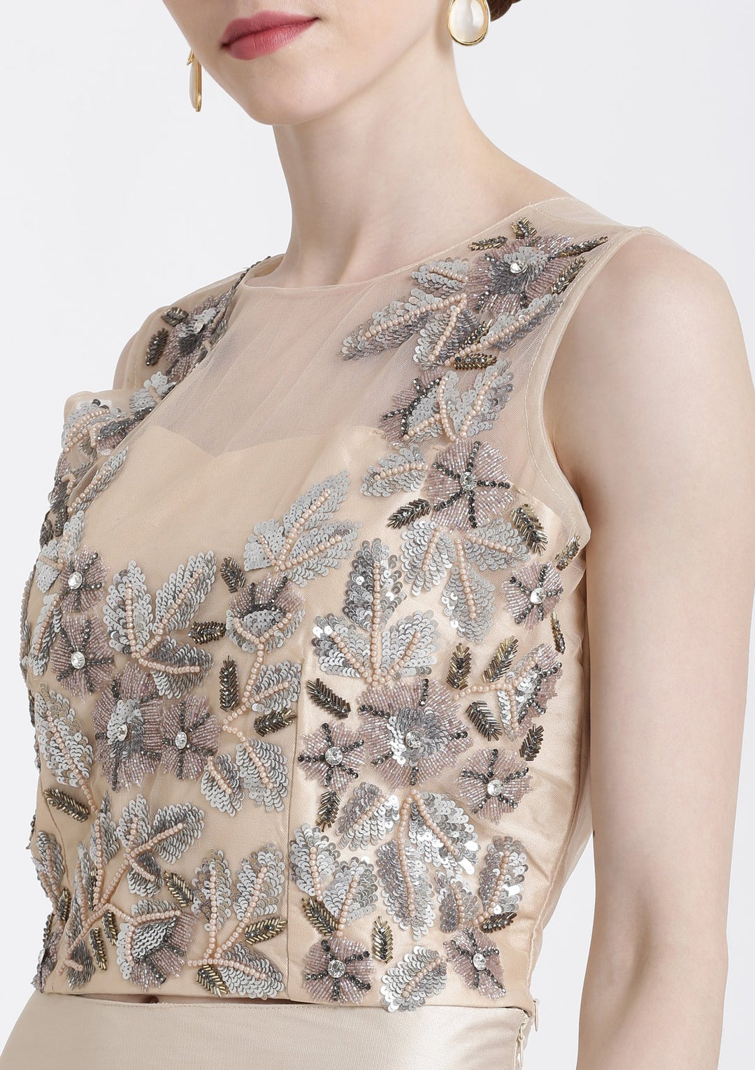 Beige Sequins Net Designer Lehenga-Koskii