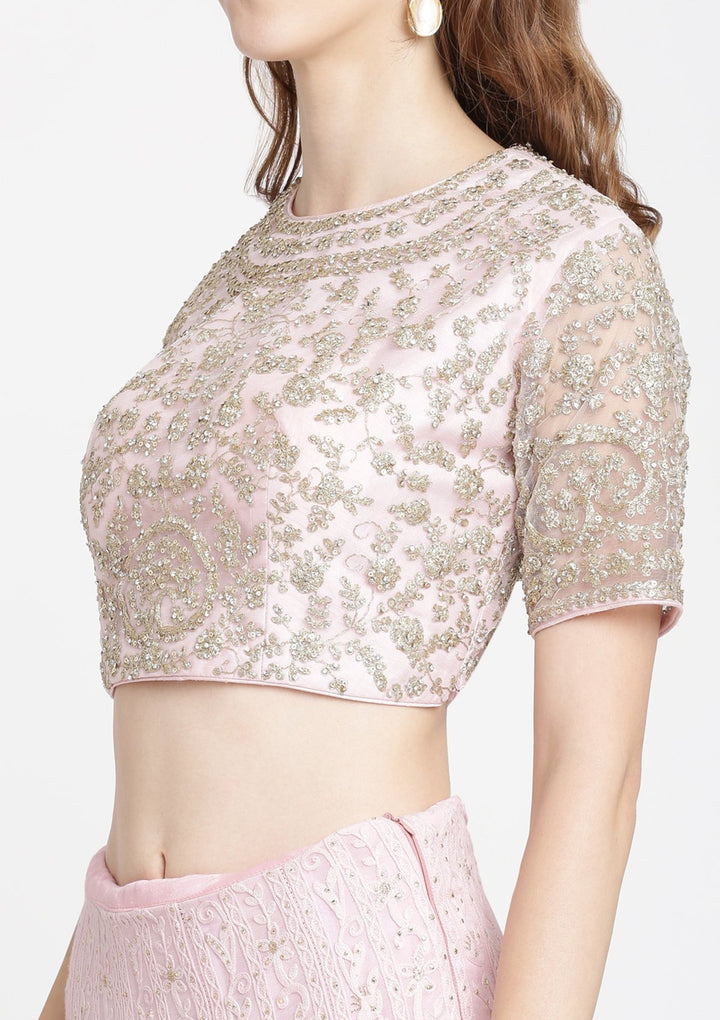 Pink Threadwork Chiffon Designer Lehenga-Koskii