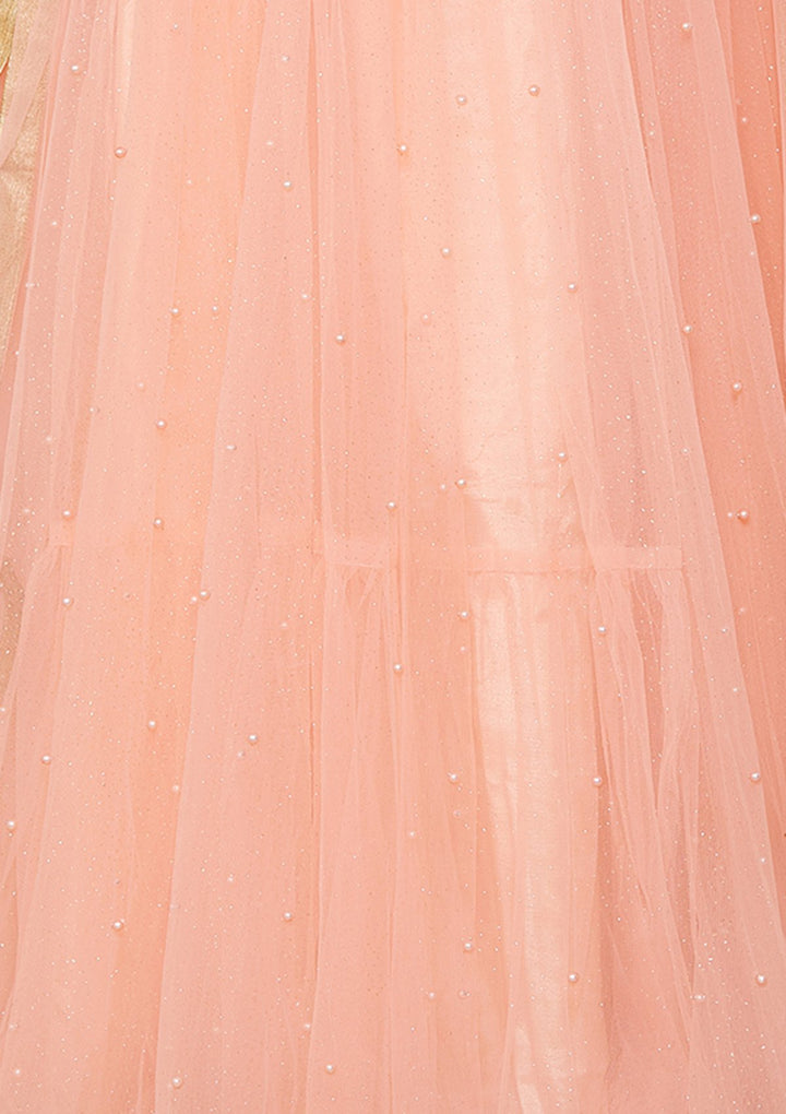 Coral Pink Cutdana Raw-Silk Lehenga-Koskii