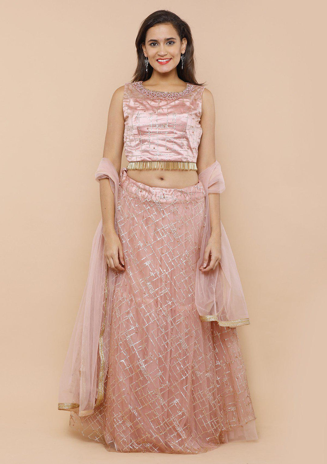 Pink Pearlwork Net Designer Lehenga-Koskii