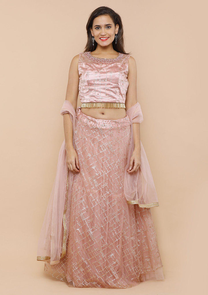 Pink Pearlwork Net Designer Lehenga-Koskii
