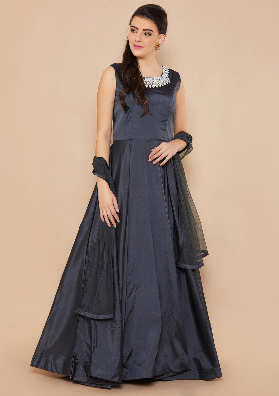 Grey Stonework Taffeta Silk Designer Gown-Koskii