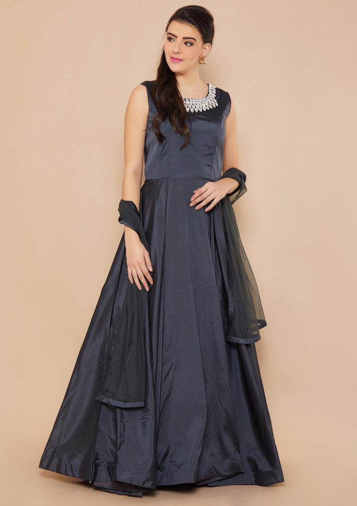 Grey Stonework Taffeta Silk Designer Gown-Koskii