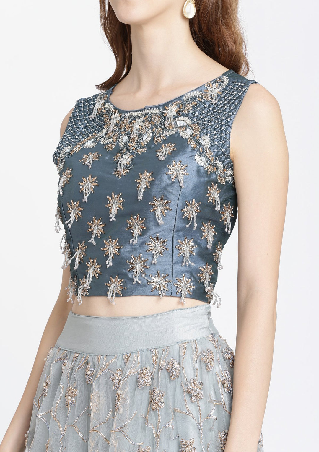 Light Grey Stonework Net Designer Lehenga-Koskii