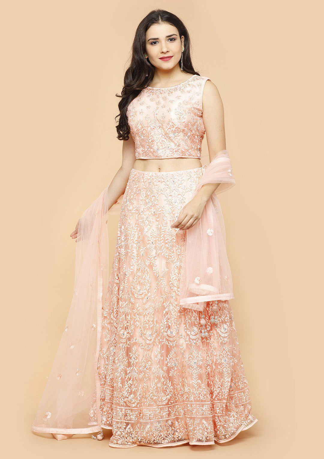 Peach Threadwork Net Designer Lehenga-Koskii