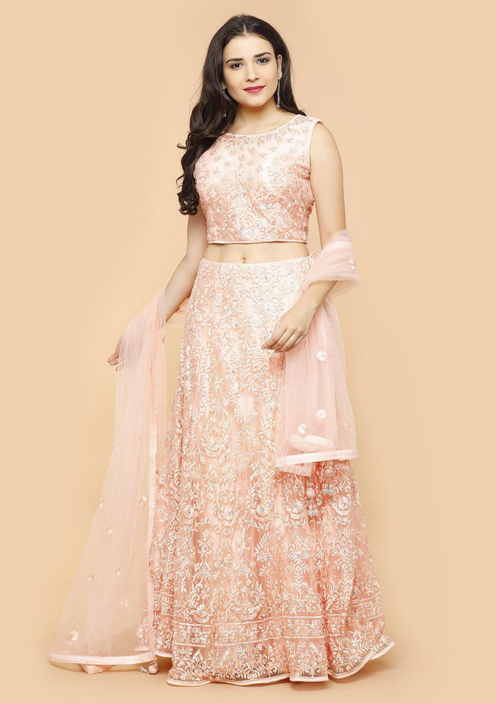 Peach Threadwork Net Designer Lehenga-Koskii