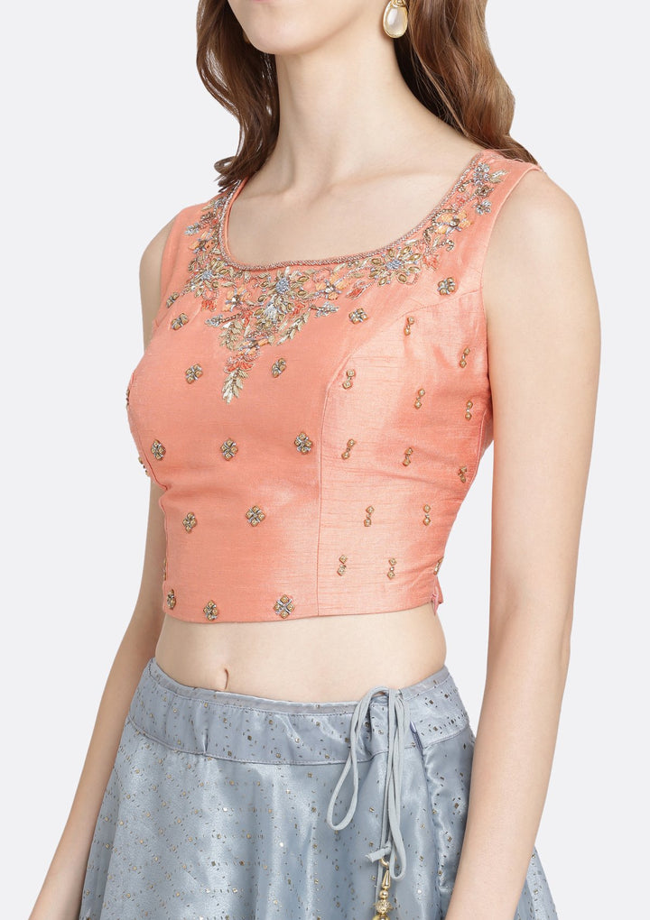 Dark Grey Zardozi Tissue Designer Lehenga-Koskii