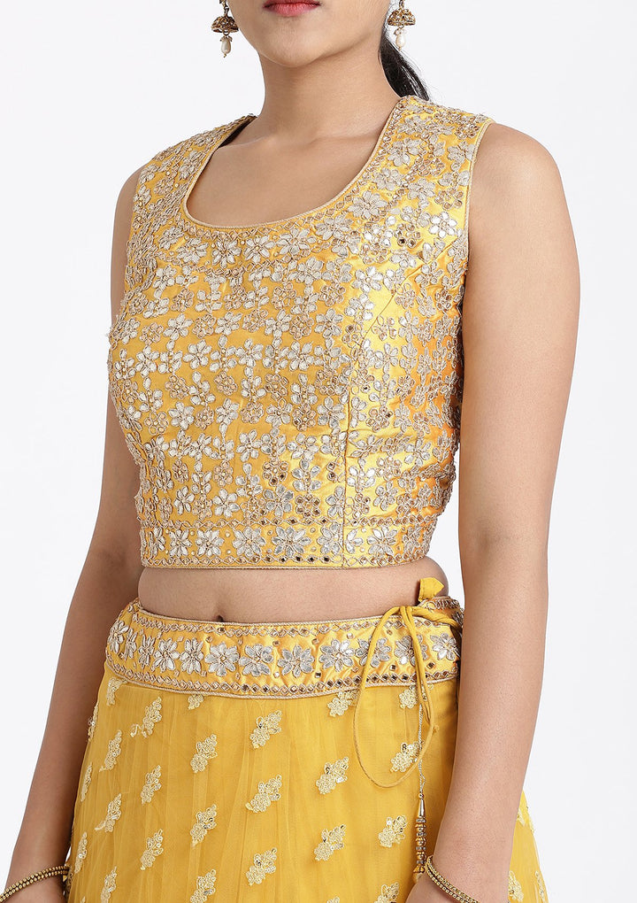 Yellow Gota Patti Net Designer Lehenga-Koskii
