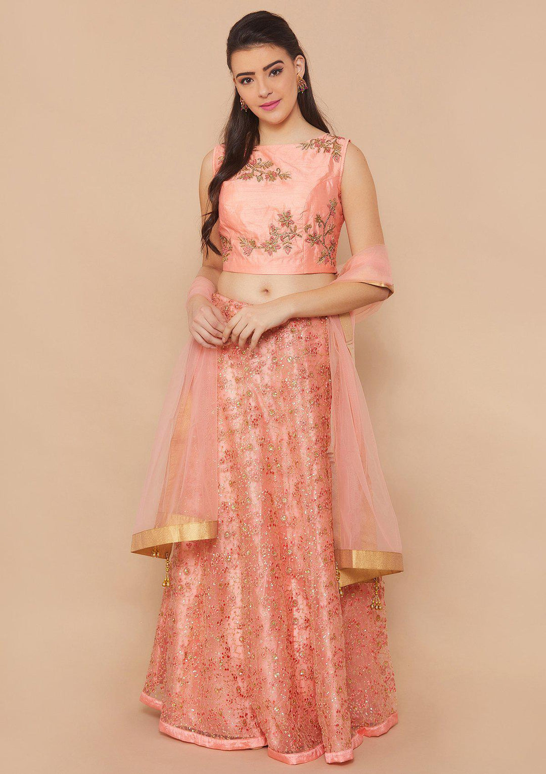 Peach Zariwork Net Designer Lehenga-Koskii