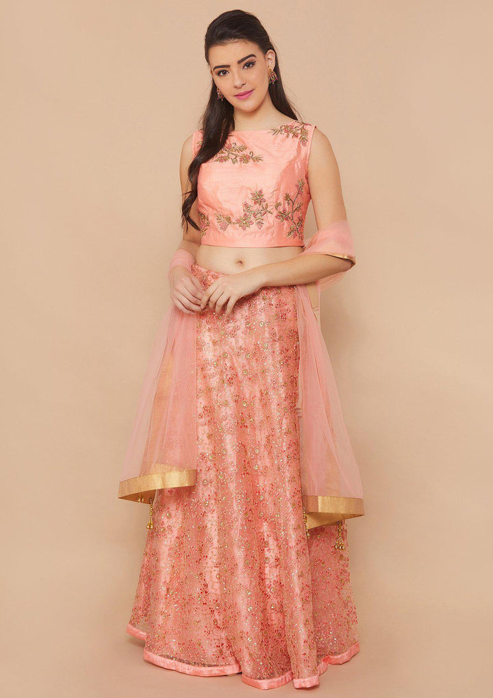 Peach Zariwork Net Designer Lehenga-Koskii