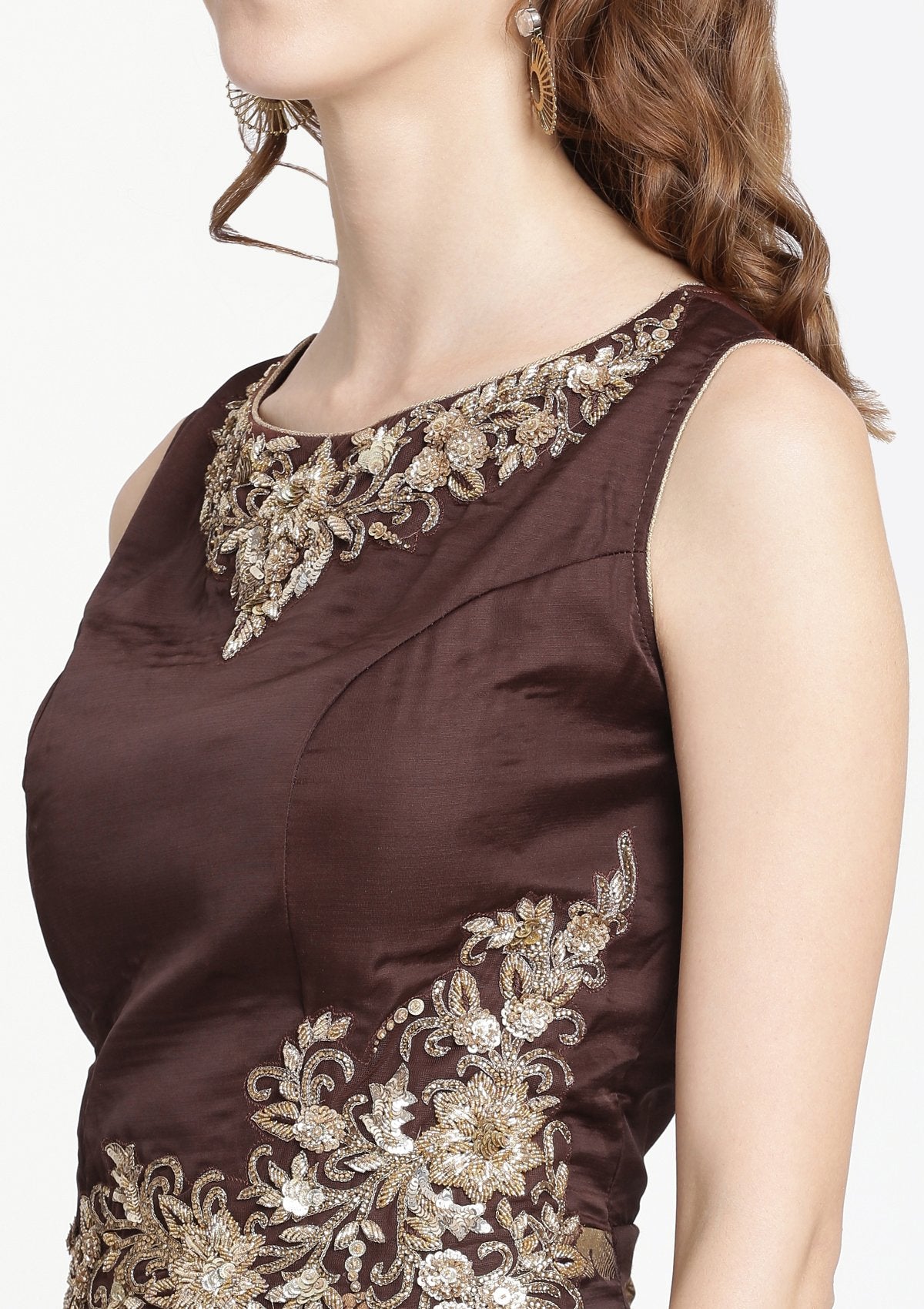 Brown Zariwork Silk Designer Gown-Koskii