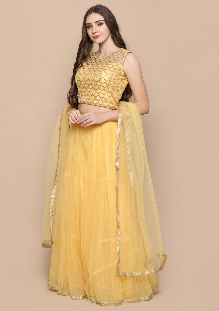 Yellow Shimmer Appliqu???Ìâ?å©d Silk Designer Lehenga-Koskii