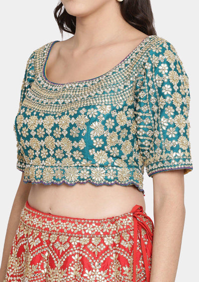 Red Gota Patti Raw Silk Designer Lehenga-Koskii