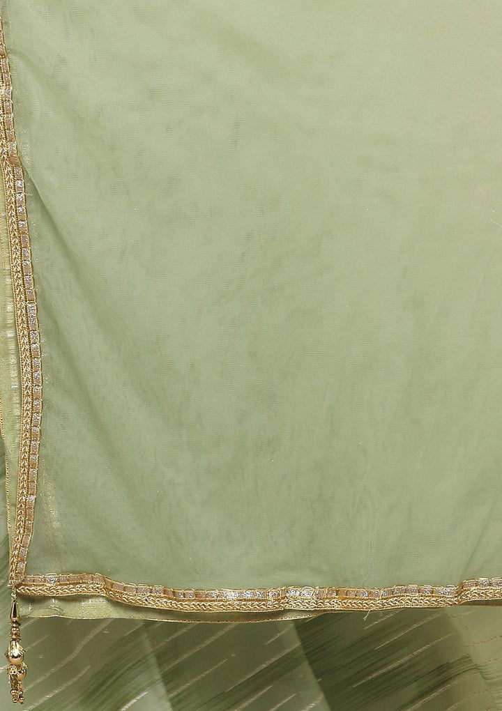Green Mirror-Work Tissue Designer Lehenga-Koskii