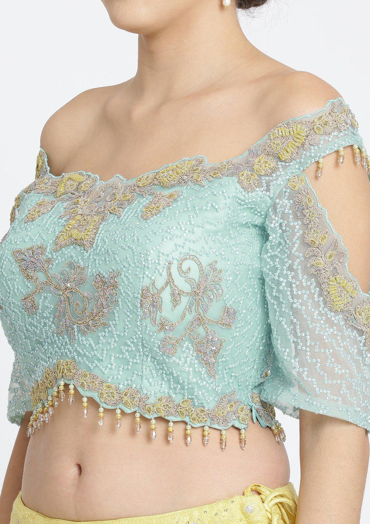 Yellow and Sea Green Chikankari Georgette Designer Lehenga-Koskii