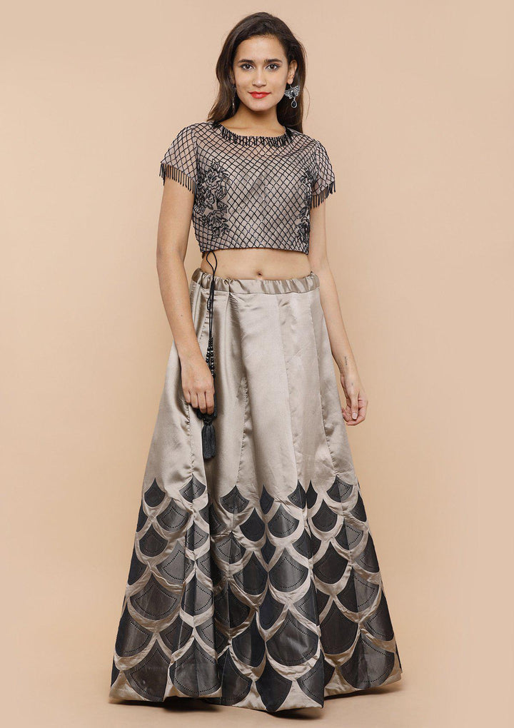Grey Black Cutdana Silk Designer Lehenga-Koskii