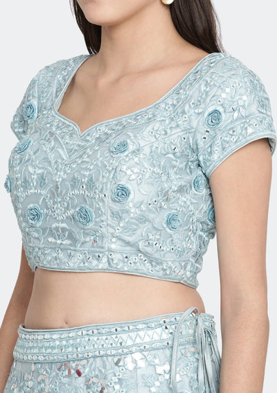 Sea Green Mirror Work Net Designer Lehenga-Koskii