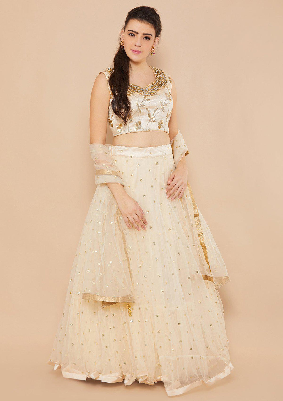 Koskii Mirrorwork Net Cream Lehenga-Koskii