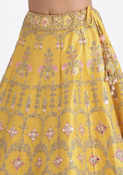 Yellow and Pink Sequinned Raw Silk Designer Lehenga-Koskii