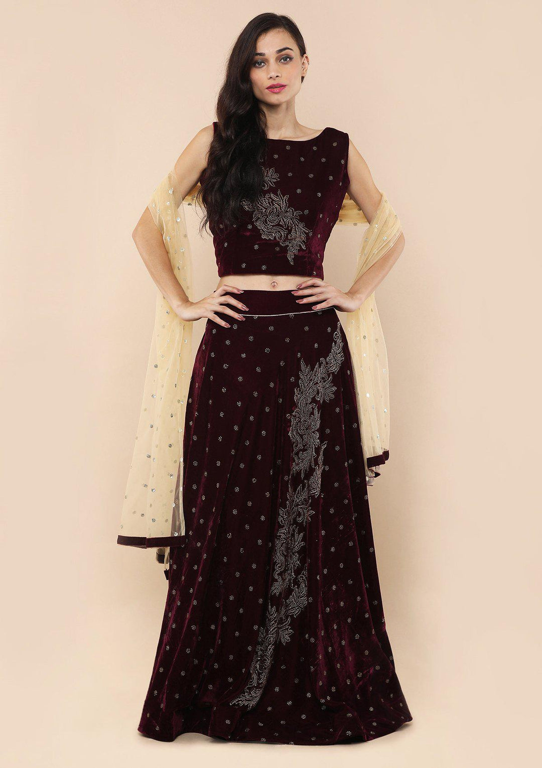 Red Wine Micro Stone Velvet Designer Lehenga-Koskii