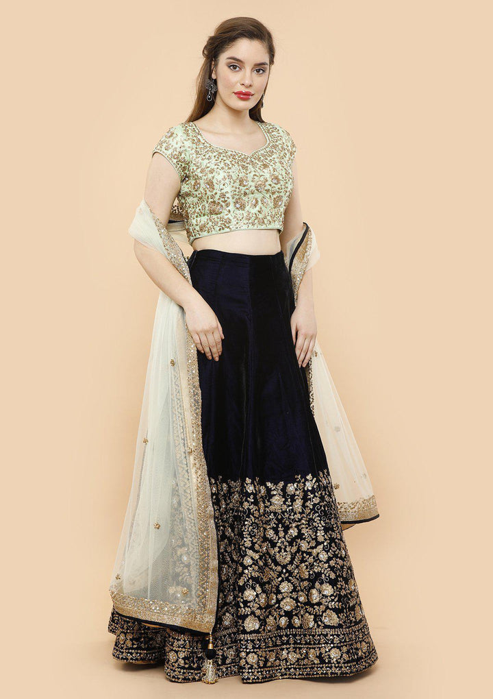 KOSKII VELVET green and midnight blue bridal lehenga-Koskii